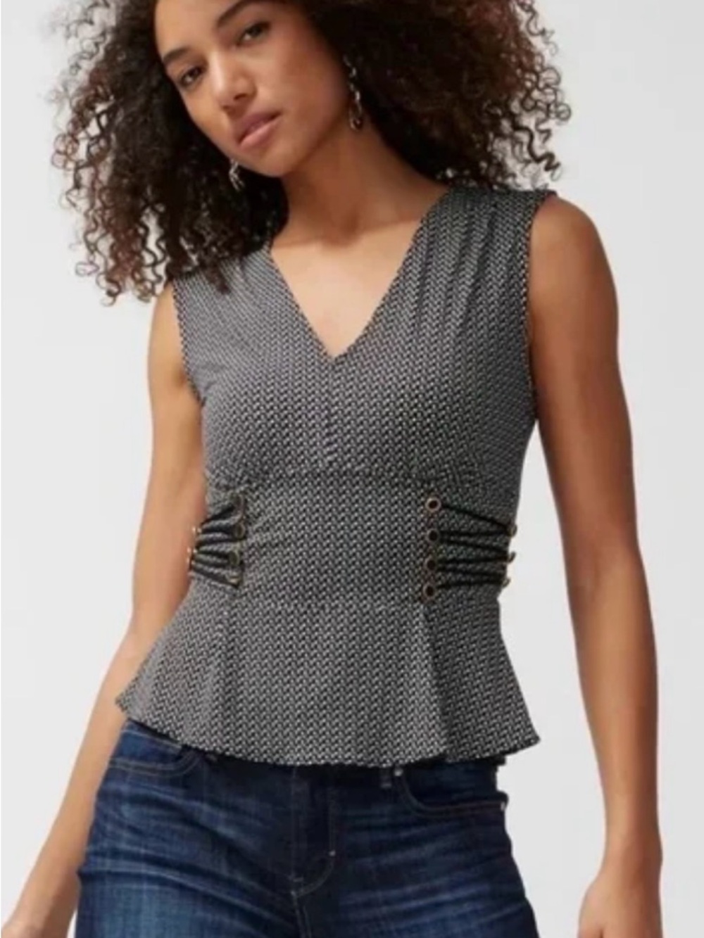 White House Black Market Black & White Patterned Peplum Tank